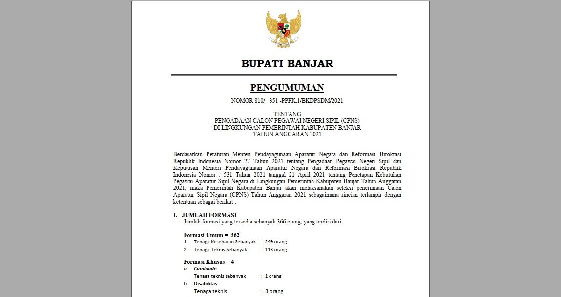Pengumuman seleksi CPNS Kabupaten Banjar Tahun 2021