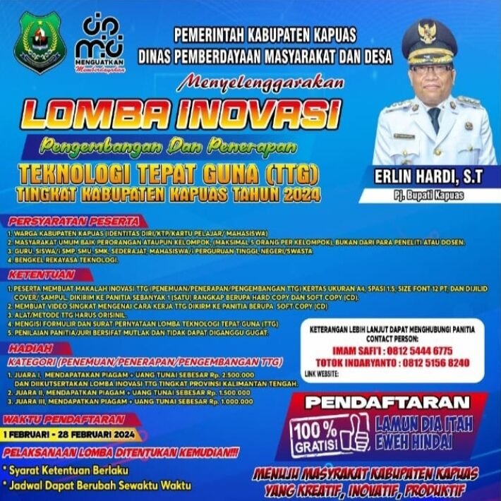 Lomba Inovasi TTG tingkat Kabupaten Kapuas dimul;ai 1-28 Februari ini. (Foto Pemkab Kapuas)