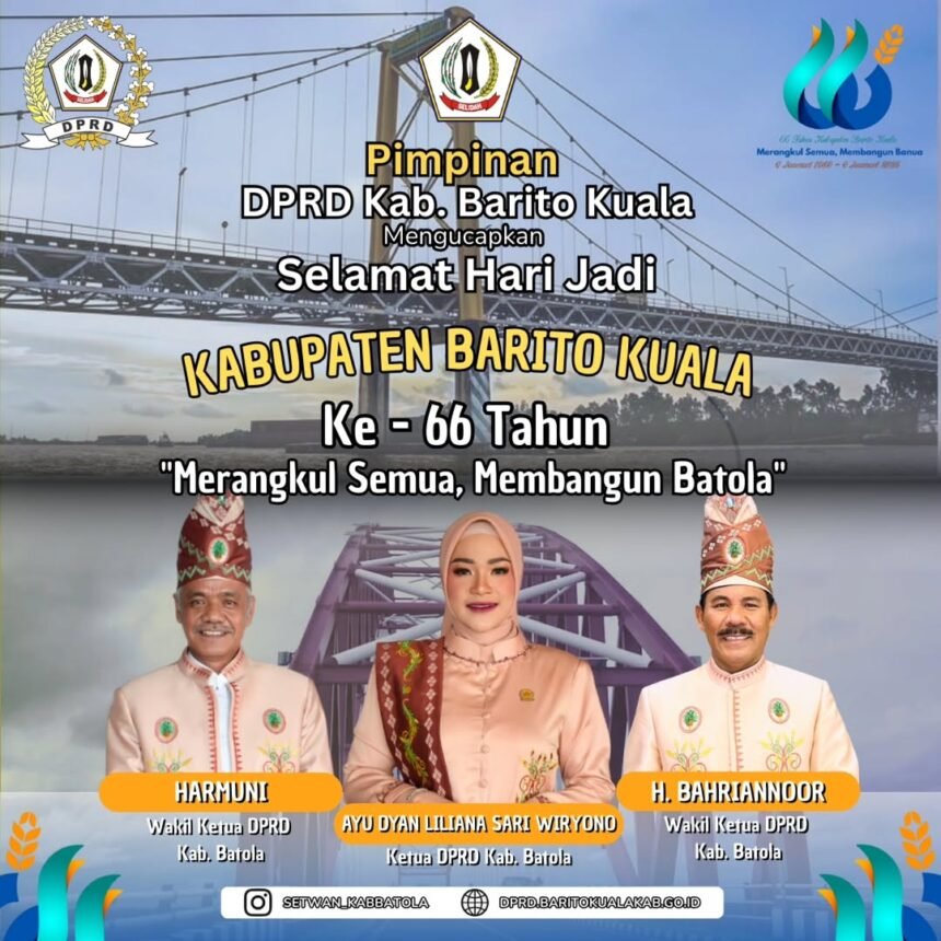 Pimpinan DPRD Mengucapkan Selamat Hari Jadi Kabupaten Barito Kuala Yang ke 66 Tahun 04Januari 1960 04 Januari 2026 Merangkul Semua Membangun Batola